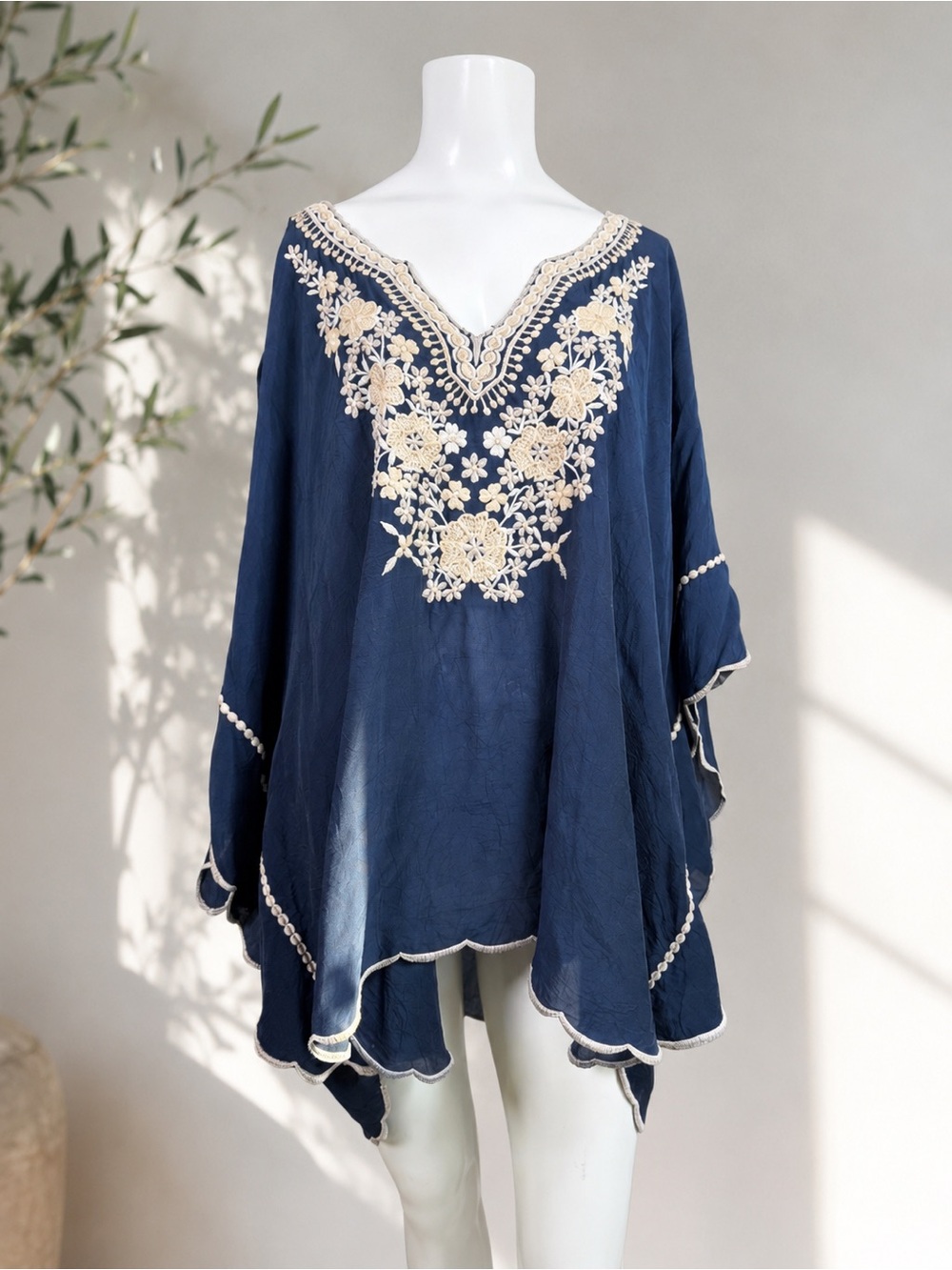 Johnny Was Navy Embroidered Georgette Poncho Tunic Cupra Rayon Boho